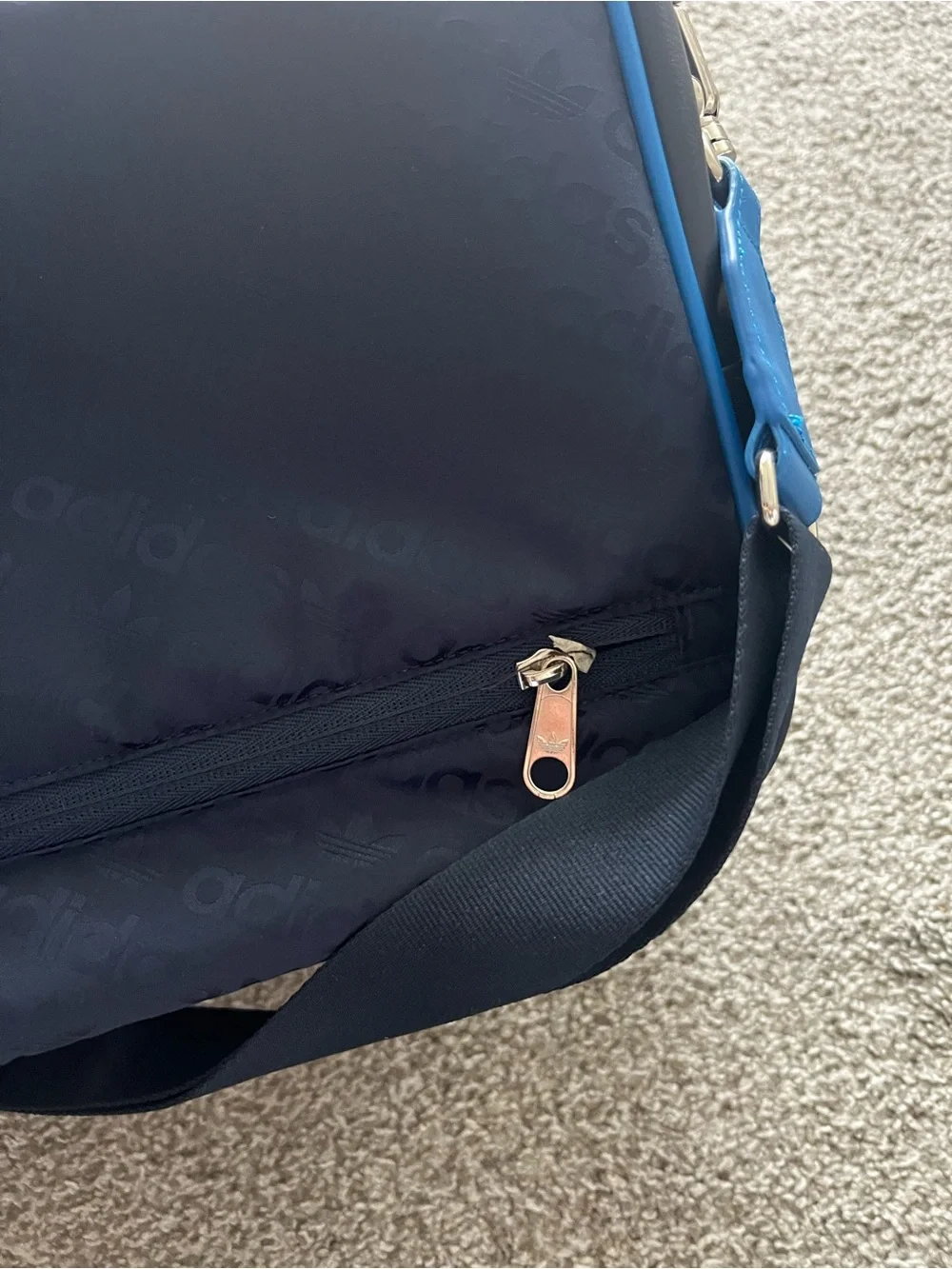 adidas Navy Duffel Bag with Bright Blue Accents